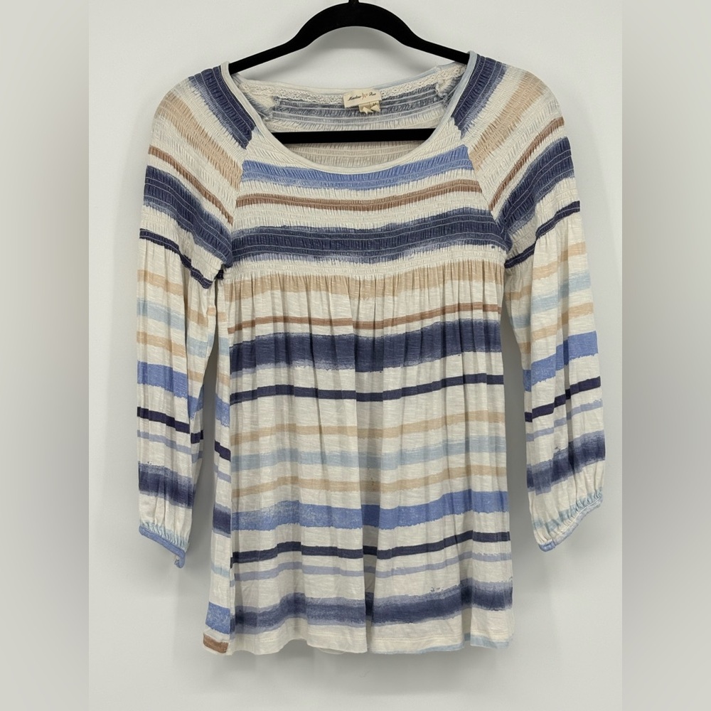 MEADOW RUE Anthropologie Top Stripe Smocked Peasant Boho Babydoll Women’s Medium